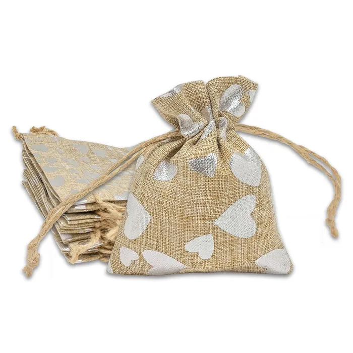 3 x 4 Jute Burlap Silver Heart Drawstring Gift Bags JPIDisplay Necklaces 3 x 4 Jute Burlap Silver Heart Drawstring Gift Bags JPIDisplay Necklaces