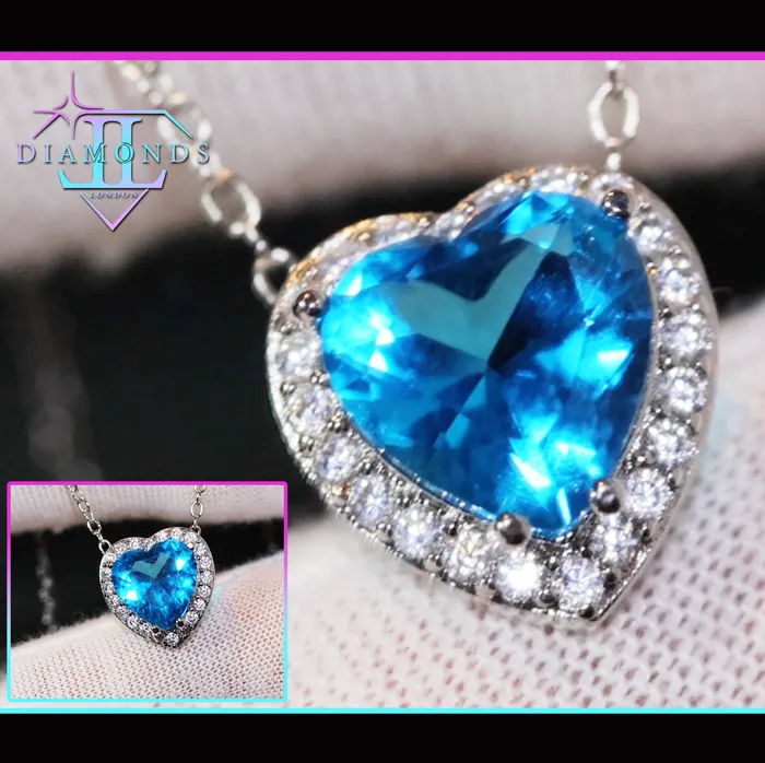 Aquamarine Blue Diamond Heart Necklace Blue Diamond Pendant Heart Necklace Lab Diamonds London Necklaces