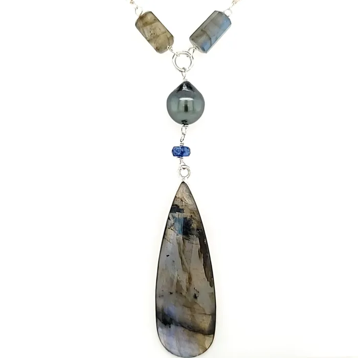 AVF Silver Pear Shaped 10 Barrel Cut Labradorite with Tahitian Pearl Kyanite Accent Long Necklace SI3722 AVF Necklaces AVF Silver Pear Shaped 10 Barrel Cut Labradorite with Tahitian Pearl Kyanite Accent Long Necklace SI3722 AVF Necklaces