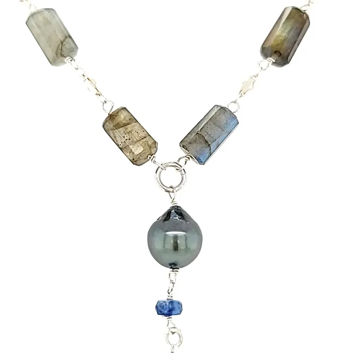 AVF Silver Pear Shaped 10 Barrel Cut Labradorite with Tahitian Pearl Kyanite Accent Long Necklace SI3722 AVF Necklaces AVF Silver Pear Shaped 10 Barrel Cut Labradorite with Tahitian Pearl Kyanite Accent Long Necklace SI3722 AVF Necklaces