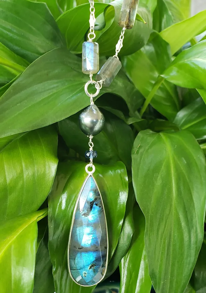 AVF Silver Pear Shaped 10 Barrel Cut Labradorite with Tahitian Pearl Kyanite Accent Long Necklace SI3722 AVF Necklaces AVF Silver Pear Shaped 10 Barrel Cut Labradorite with Tahitian Pearl Kyanite Accent Long Necklace SI3722 AVF Necklaces