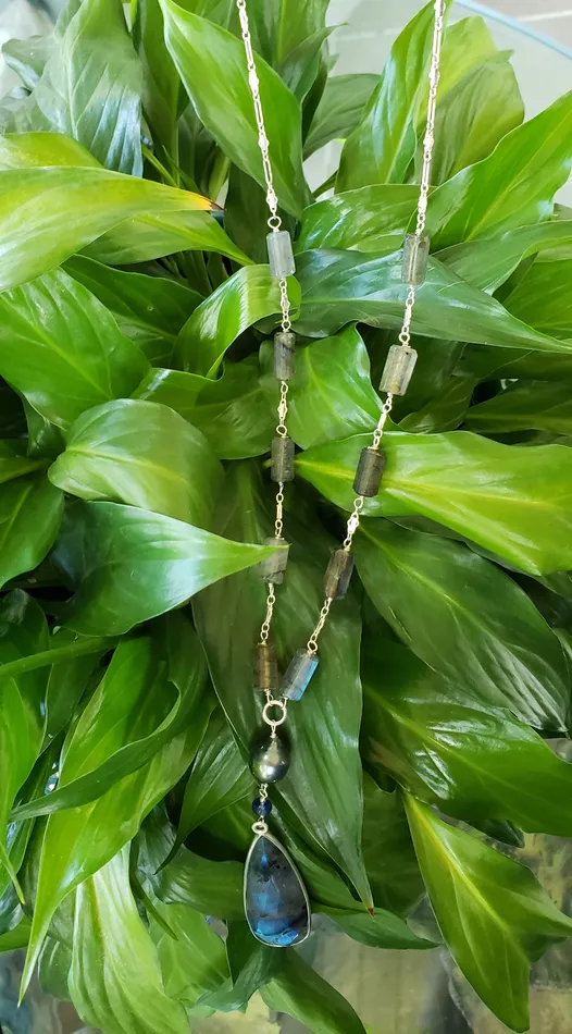 AVF Silver Pear Shaped 10 Barrel Cut Labradorite with Tahitian Pearl Kyanite Accent Long Necklace SI3722 AVF Necklaces AVF Silver Pear Shaped 10 Barrel Cut Labradorite with Tahitian Pearl Kyanite Accent Long Necklace SI3722 AVF Necklaces