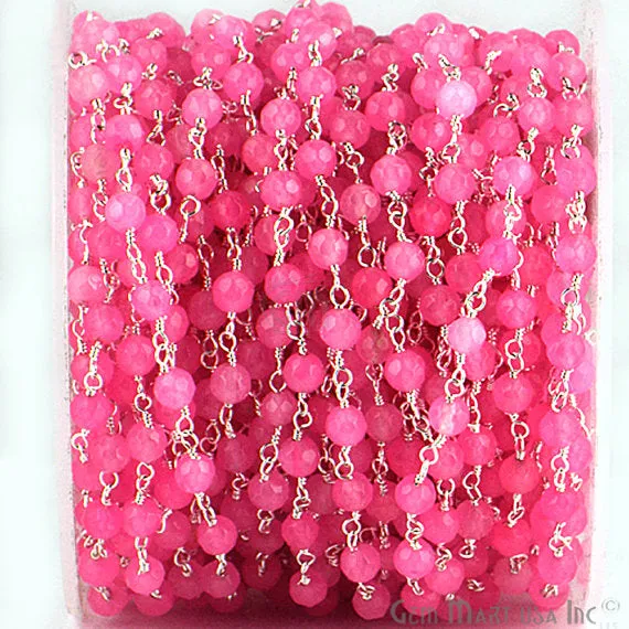 Baby Pink Jade Beads Silver Plated Wire Wrapped Rosary Chain GemmartUSA Necklaces