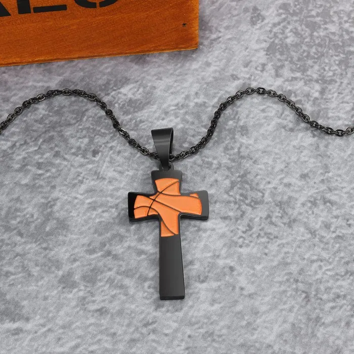 customjewelryan Necklaces Basketball Pattern Cross Shape Personalized Pendant Necklace