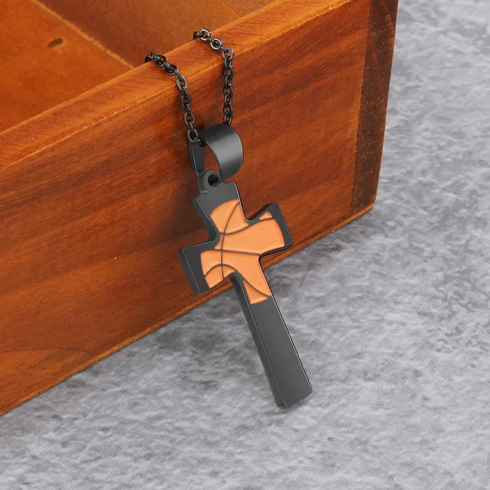 customjewelryan Necklaces Basketball Pattern Cross Shape Personalized Pendant Necklace