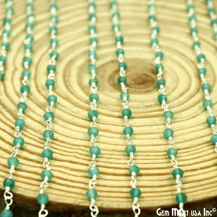 Dark Green Monalisa 335mm Beads Silver Wire Wrapped Rosary Chain GemMartUSA Necklaces Dark Green Monalisa 335mm Beads Silver Wire Wrapped Rosary Chain GemMartUSA Necklaces