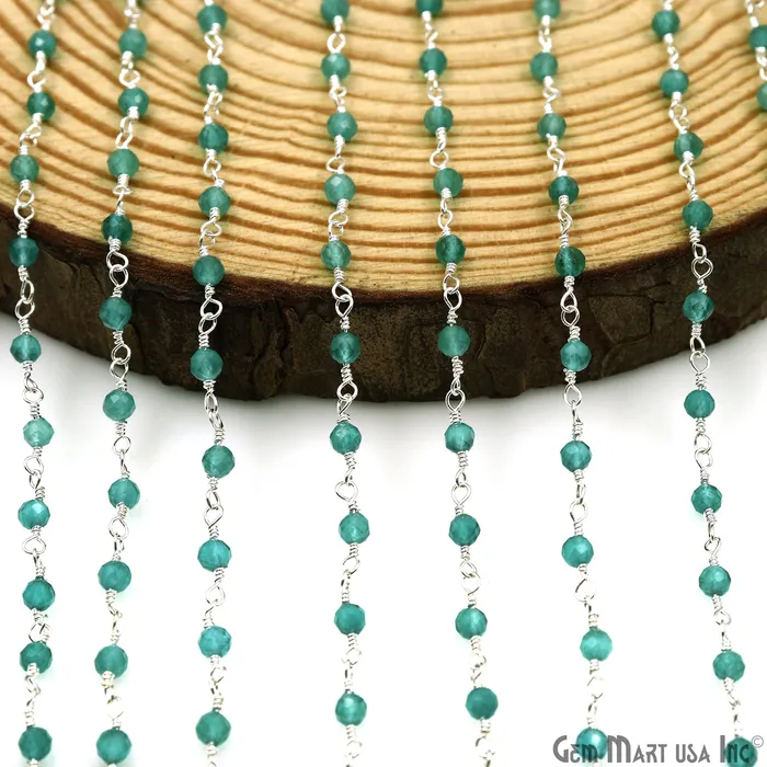 Dark Green Monalisa 335mm Beads Silver Wire Wrapped Rosary Chain GemMartUSA Necklaces Dark Green Monalisa 335mm Beads Silver Wire Wrapped Rosary Chain GemMartUSA Necklaces