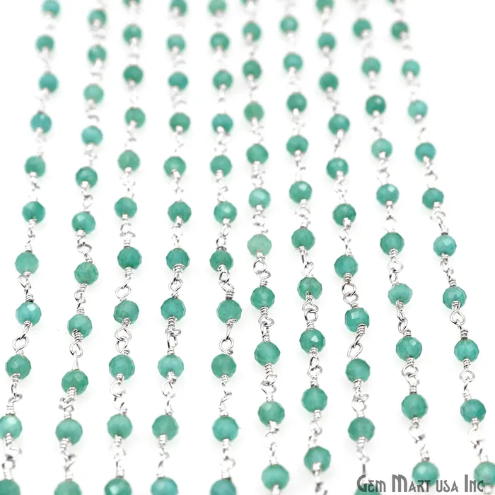 Dark Green Monalisa 335mm Beads Silver Wire Wrapped Rosary Chain GemMartUSA Necklaces Dark Green Monalisa 335mm Beads Silver Wire Wrapped Rosary Chain GemMartUSA Necklaces