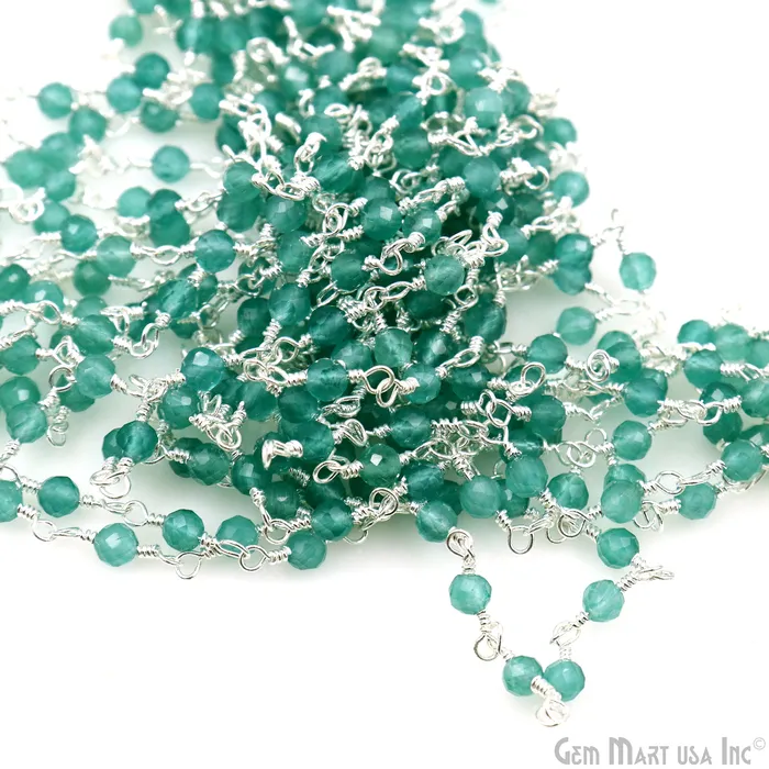 Dark Green Monalisa 335mm Beads Silver Wire Wrapped Rosary Chain GemMartUSA Necklaces Dark Green Monalisa 335mm Beads Silver Wire Wrapped Rosary Chain GemMartUSA Necklaces