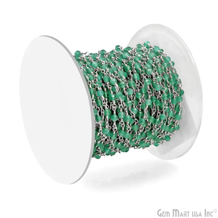 Dark Green Monalisa 335mm Beads Silver Wire Wrapped Rosary Chain GemMartUSA Necklaces Dark Green Monalisa 335mm Beads Silver Wire Wrapped Rosary Chain GemMartUSA Necklaces
