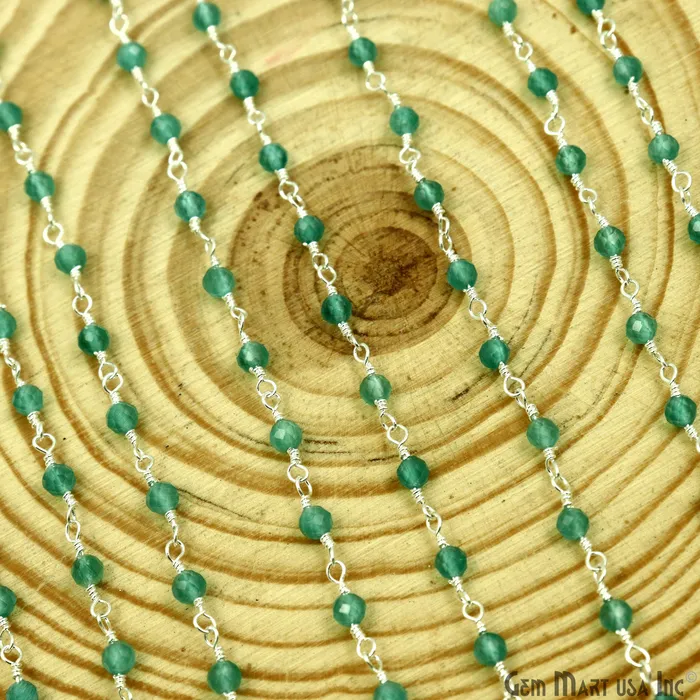 Dark Green Monalisa 335mm Beads Silver Wire Wrapped Rosary Chain GemMartUSA Necklaces Dark Green Monalisa 335mm Beads Silver Wire Wrapped Rosary Chain GemMartUSA Necklaces