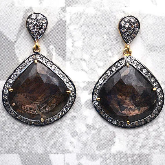 Earrings GemMartUSA Brown Sapphire With Cubic Zirconia Pave Diamond 39x25mmGold Vermeil Dangle Drop Stud Earring