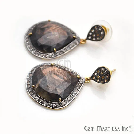 Earrings GemMartUSA Brown Sapphire With Cubic Zirconia Pave Diamond 39x25mmGold Vermeil Dangle Drop Stud Earring