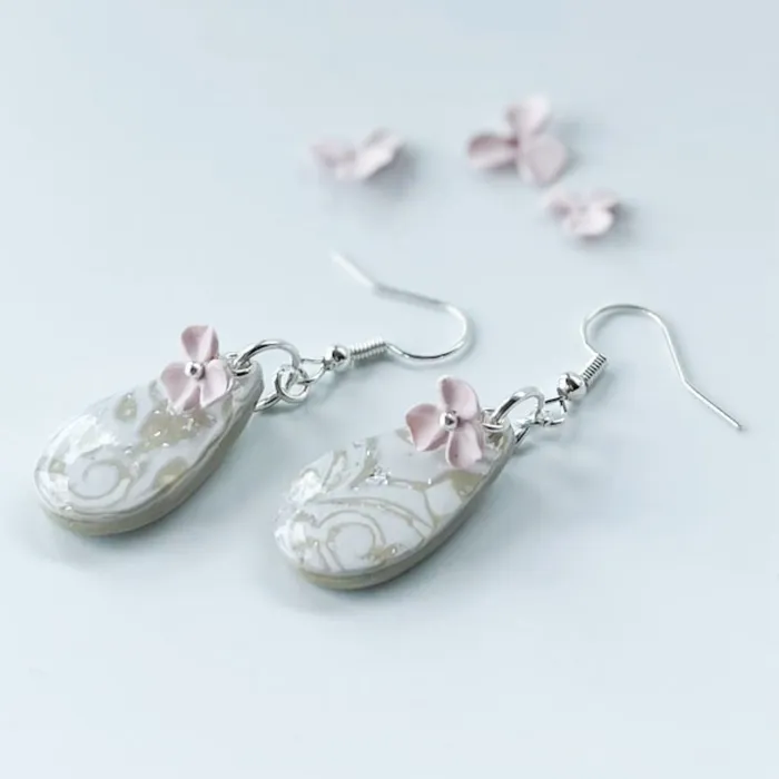 Earrings Willow Wattle Handmade White and Pink Floral Drop Earrings