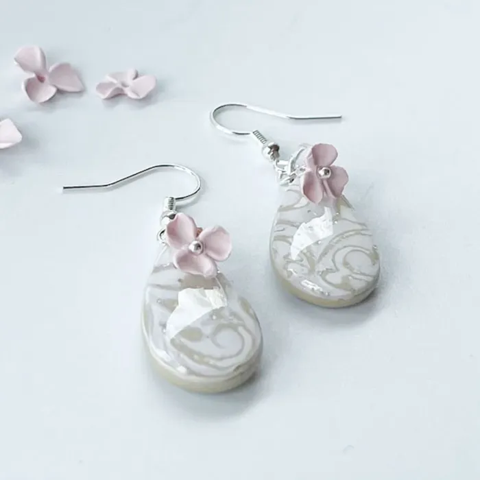 Earrings Willow Wattle Handmade White and Pink Floral Drop Earrings