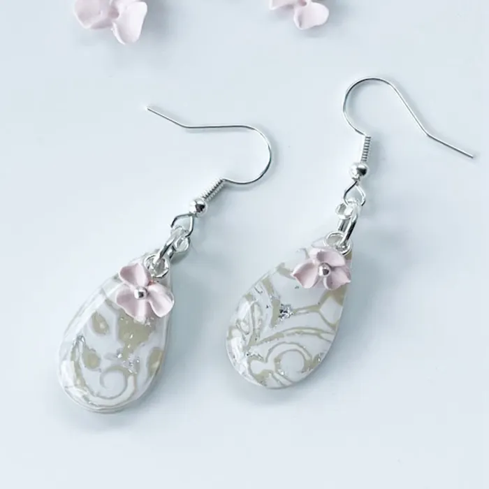 Earrings Willow Wattle Handmade White and Pink Floral Drop Earrings