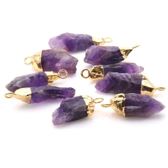 GemMartUSA Charm Necklaces Rough Amethyst 32x9mm Gold Edged Bracelets Charm Single Bail Connectors GemMartUSA Charm Necklaces Rough Amethyst 32x9mm Gold Edged Bracelets Charm Single Bail Connectors