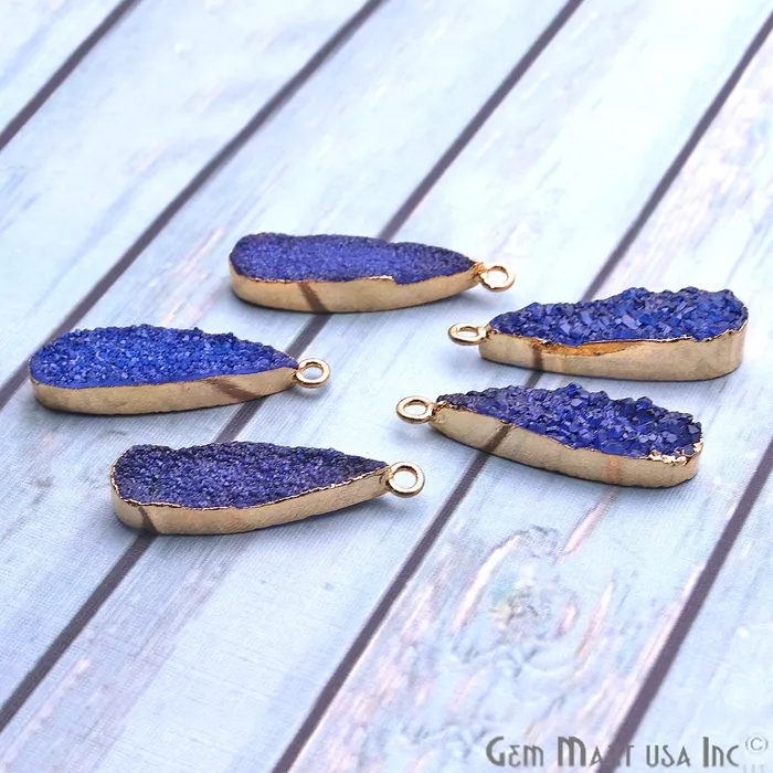 GemmartUSA Earrings Blue Druzy Long Drop 24x8mm Gold Electroplated Single Bail Connector GemmartUSA Earrings Blue Druzy Long Drop 24x8mm Gold Electroplated Single Bail Connector