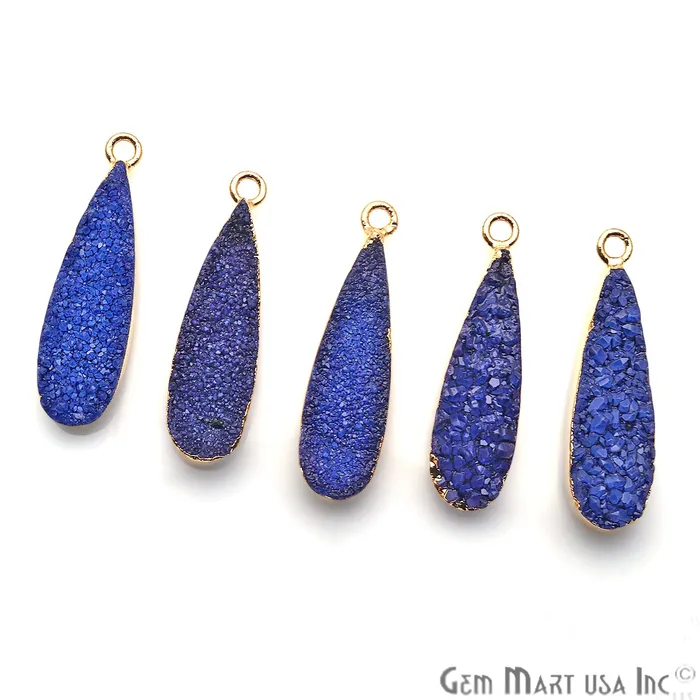 GemmartUSA Earrings Blue Druzy Long Drop 24x8mm Gold Electroplated Single Bail Connector GemmartUSA Earrings Blue Druzy Long Drop 24x8mm Gold Electroplated Single Bail Connector