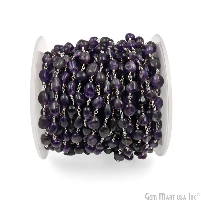 GemMartUSA Necklaces Amethyst Tumble Beads 8x5mm Silver Plated Gemstone Rosary Chain GemMartUSA Necklaces Amethyst Tumble Beads 8x5mm Silver Plated Gemstone Rosary Chain