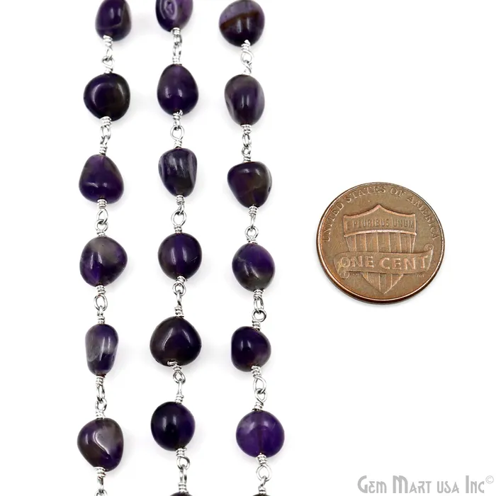 GemMartUSA Necklaces Amethyst Tumble Beads 8x5mm Silver Plated Gemstone Rosary Chain GemMartUSA Necklaces Amethyst Tumble Beads 8x5mm Silver Plated Gemstone Rosary Chain