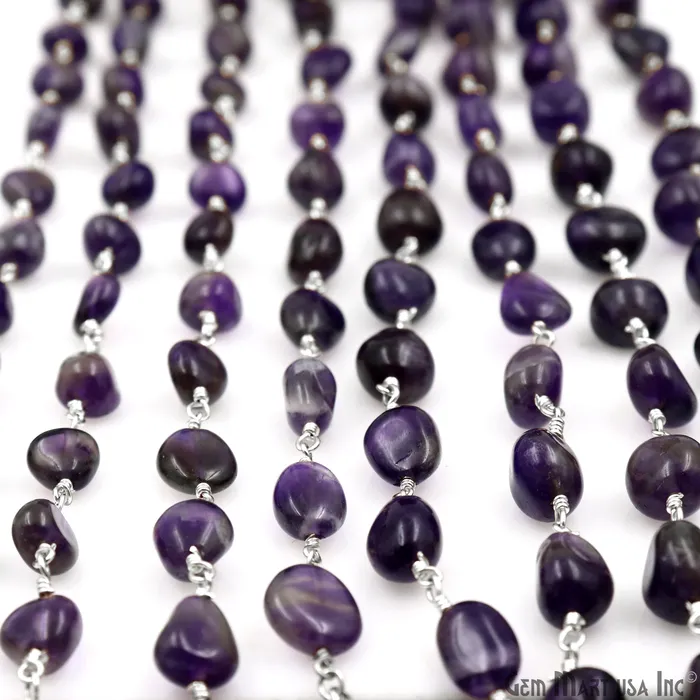 GemMartUSA Necklaces Amethyst Tumble Beads 8x5mm Silver Plated Gemstone Rosary Chain GemMartUSA Necklaces Amethyst Tumble Beads 8x5mm Silver Plated Gemstone Rosary Chain