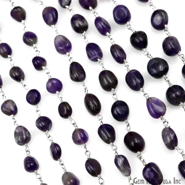 GemMartUSA Necklaces Amethyst Tumble Beads 8x5mm Silver Plated Gemstone Rosary Chain GemMartUSA Necklaces Amethyst Tumble Beads 8x5mm Silver Plated Gemstone Rosary Chain