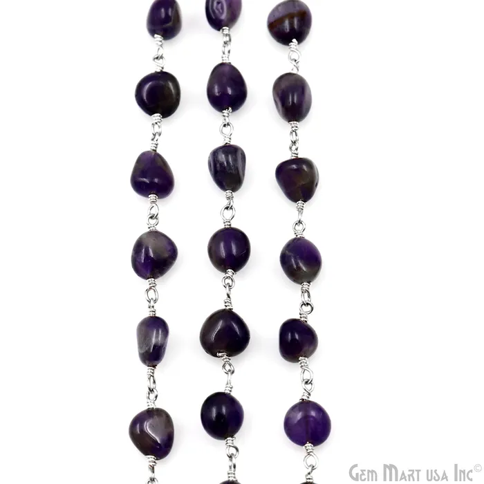 GemMartUSA Necklaces Amethyst Tumble Beads 8x5mm Silver Plated Gemstone Rosary Chain GemMartUSA Necklaces Amethyst Tumble Beads 8x5mm Silver Plated Gemstone Rosary Chain
