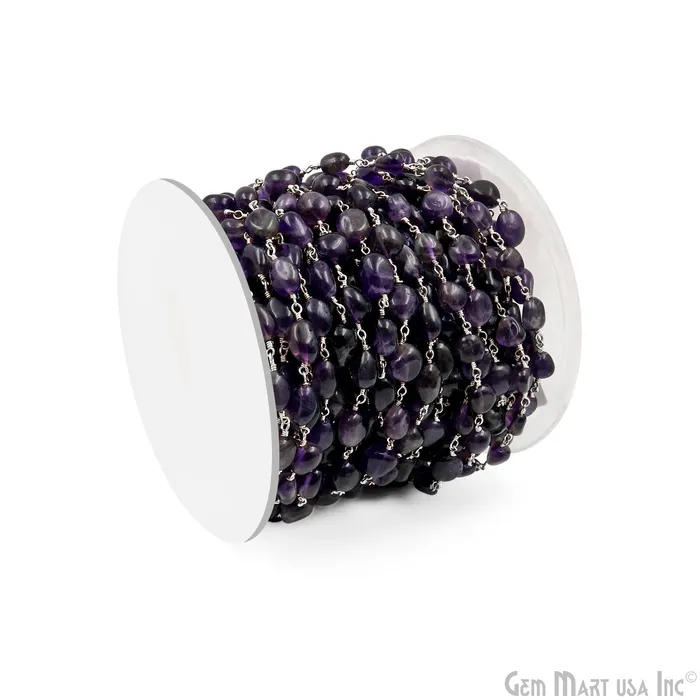 GemMartUSA Necklaces Amethyst Tumble Beads 8x5mm Silver Plated Gemstone Rosary Chain GemMartUSA Necklaces Amethyst Tumble Beads 8x5mm Silver Plated Gemstone Rosary Chain