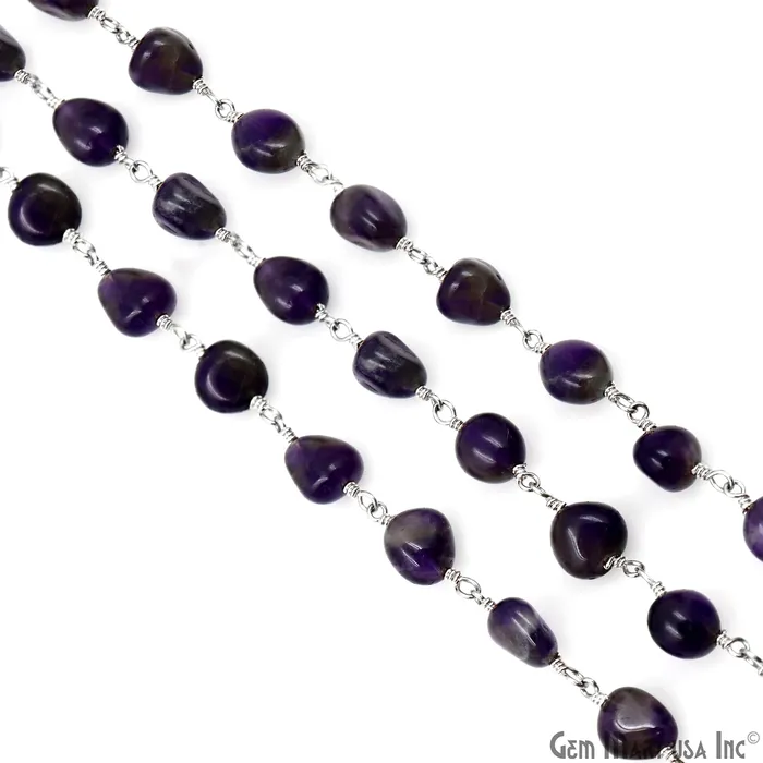 GemMartUSA Necklaces Amethyst Tumble Beads 8x5mm Silver Plated Gemstone Rosary Chain GemMartUSA Necklaces Amethyst Tumble Beads 8x5mm Silver Plated Gemstone Rosary Chain