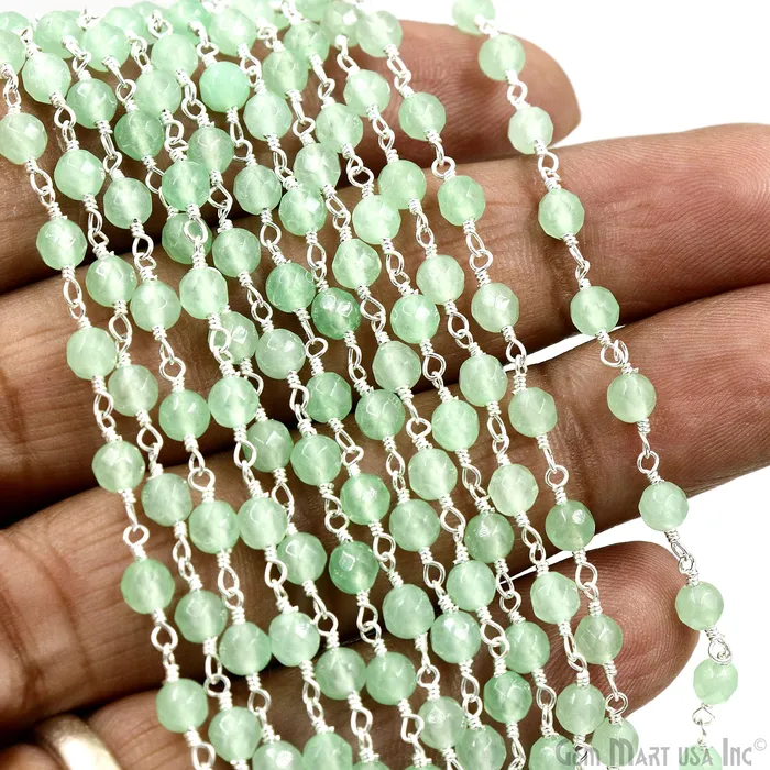 GemmartUSA Necklaces Baby Green Jade Beads Silver Plated Wire Wrapped Rosary Chain GemmartUSA Necklaces Baby Green Jade Beads Silver Plated Wire Wrapped Rosary Chain