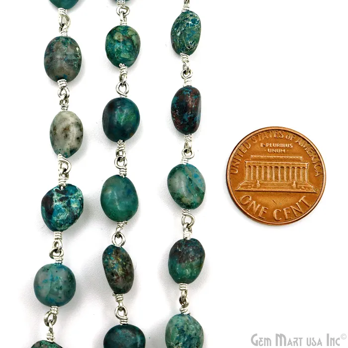 GemMartUSA Necklaces Chrysocolla Tumble Beads 8x5mm Silver Plated Gemstone Rosary Chain GemMartUSA Necklaces Chrysocolla Tumble Beads 8x5mm Silver Plated Gemstone Rosary Chain