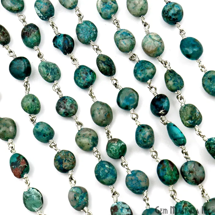 GemMartUSA Necklaces Chrysocolla Tumble Beads 8x5mm Silver Plated Gemstone Rosary Chain GemMartUSA Necklaces Chrysocolla Tumble Beads 8x5mm Silver Plated Gemstone Rosary Chain