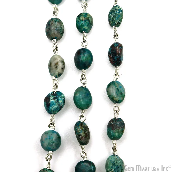 GemMartUSA Necklaces Chrysocolla Tumble Beads 8x5mm Silver Plated Gemstone Rosary Chain GemMartUSA Necklaces Chrysocolla Tumble Beads 8x5mm Silver Plated Gemstone Rosary Chain