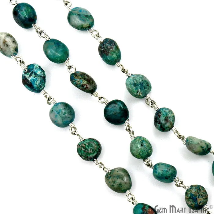 GemMartUSA Necklaces Chrysocolla Tumble Beads 8x5mm Silver Plated Gemstone Rosary Chain GemMartUSA Necklaces Chrysocolla Tumble Beads 8x5mm Silver Plated Gemstone Rosary Chain