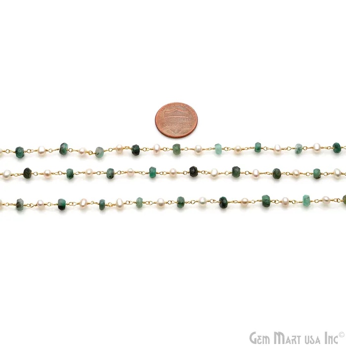 GemMartUSA Necklaces Emerald Pearl 45mm Gold Wire Wrapped Rosary Chain GemMartUSA Necklaces Emerald Pearl 45mm Gold Wire Wrapped Rosary Chain