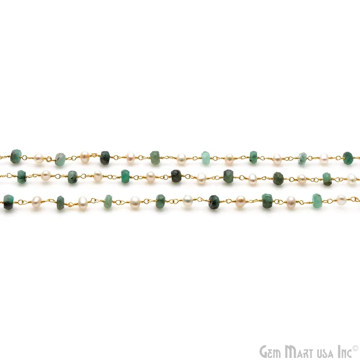 GemMartUSA Necklaces Emerald Pearl 45mm Gold Wire Wrapped Rosary Chain GemMartUSA Necklaces Emerald Pearl 45mm Gold Wire Wrapped Rosary Chain