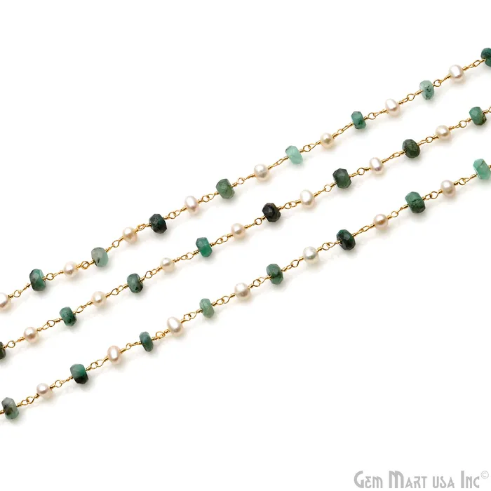 GemMartUSA Necklaces Emerald Pearl 45mm Gold Wire Wrapped Rosary Chain GemMartUSA Necklaces Emerald Pearl 45mm Gold Wire Wrapped Rosary Chain
