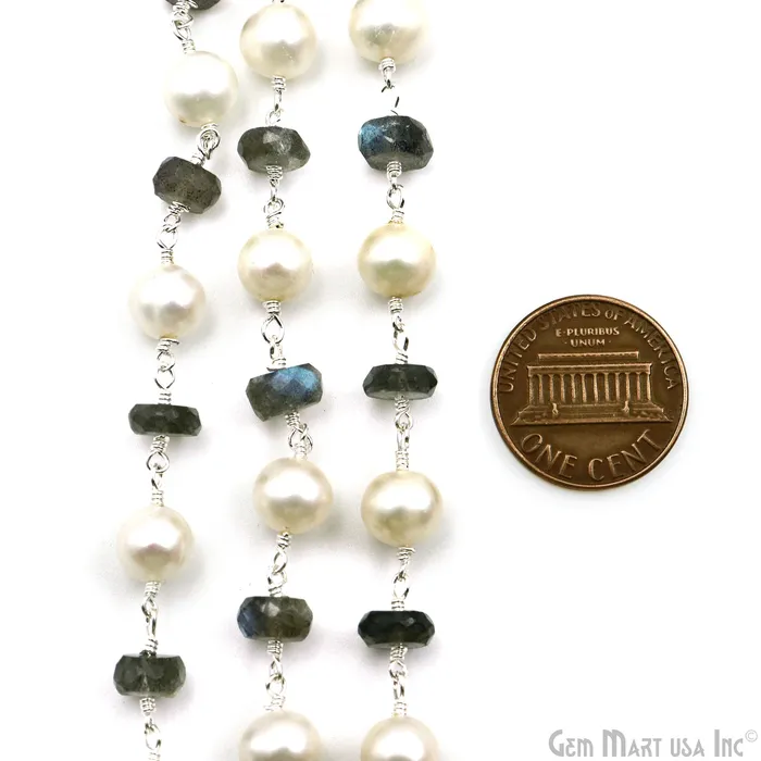 GemMartUSA Necklaces Labradorite Pearl 78mm Faceted Beads Silver Plated Wire Wrapped Rosary Chain GemMartUSA Necklaces Labradorite Pearl 78mm Faceted Beads Silver Plated Wire Wrapped Rosary Chain