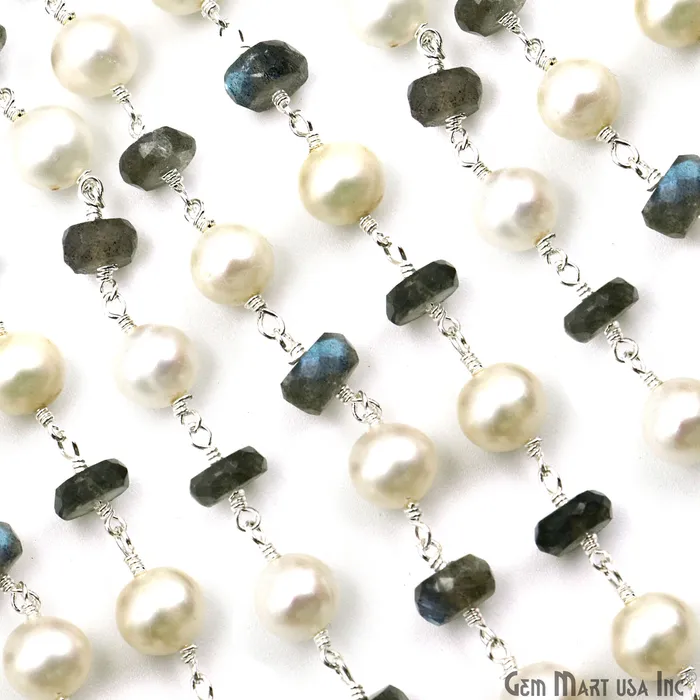 GemMartUSA Necklaces Labradorite Pearl 78mm Faceted Beads Silver Plated Wire Wrapped Rosary Chain GemMartUSA Necklaces Labradorite Pearl 78mm Faceted Beads Silver Plated Wire Wrapped Rosary Chain