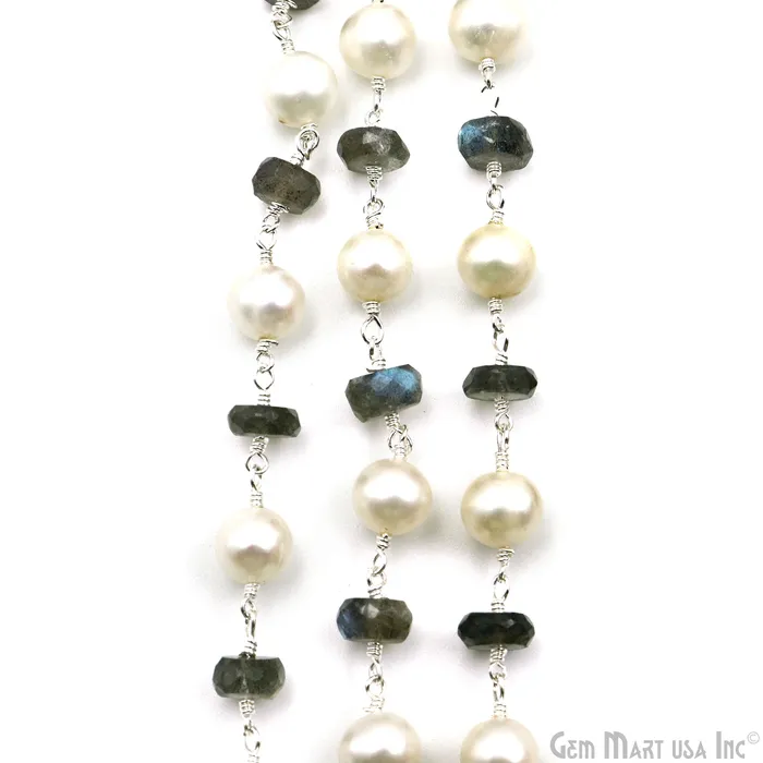 GemMartUSA Necklaces Labradorite Pearl 78mm Faceted Beads Silver Plated Wire Wrapped Rosary Chain GemMartUSA Necklaces Labradorite Pearl 78mm Faceted Beads Silver Plated Wire Wrapped Rosary Chain