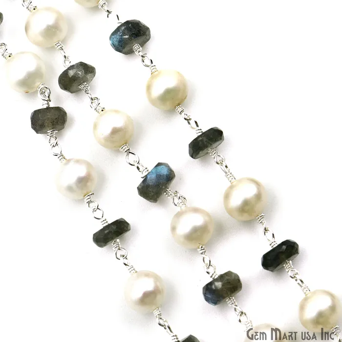 GemMartUSA Necklaces Labradorite Pearl 78mm Faceted Beads Silver Plated Wire Wrapped Rosary Chain GemMartUSA Necklaces Labradorite Pearl 78mm Faceted Beads Silver Plated Wire Wrapped Rosary Chain