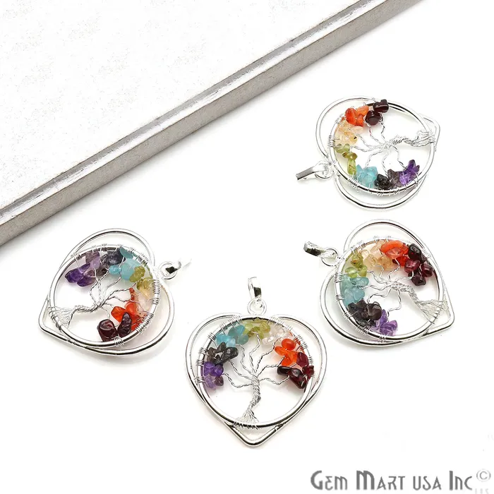 GemmartUSA Necklaces Tree of Life Multi Color Silver Wire Wrapped 43x40mm Round Heart Chakra Pendant GemmartUSA Necklaces Tree of Life Multi Color Silver Wire Wrapped 43x40mm Round Heart Chakra Pendant