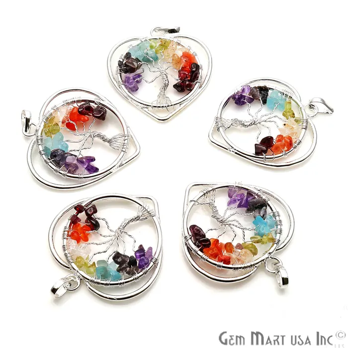 GemmartUSA Necklaces Tree of Life Multi Color Silver Wire Wrapped 43x40mm Round Heart Chakra Pendant GemmartUSA Necklaces Tree of Life Multi Color Silver Wire Wrapped 43x40mm Round Heart Chakra Pendant