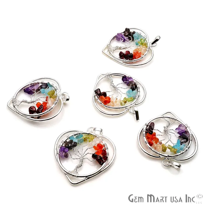GemmartUSA Necklaces Tree of Life Multi Color Silver Wire Wrapped 43x40mm Round Heart Chakra Pendant GemmartUSA Necklaces Tree of Life Multi Color Silver Wire Wrapped 43x40mm Round Heart Chakra Pendant