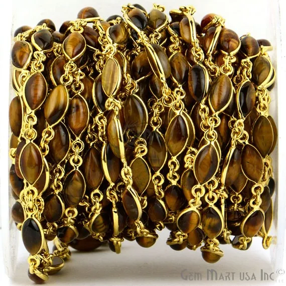 GemMartUSA Tiger Eye 6x12mm Marquise Gold Plated Bezel Continuous Connector Chain Necklaces GemMartUSA Tiger Eye 6x12mm Marquise Gold Plated Bezel Continuous Connector Chain Necklaces