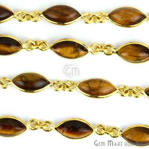 GemMartUSA Tiger Eye 6x12mm Marquise Gold Plated Bezel Continuous Connector Chain Necklaces