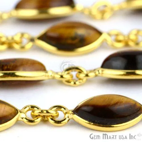 GemMartUSA Tiger Eye 6x12mm Marquise Gold Plated Bezel Continuous Connector Chain Necklaces
