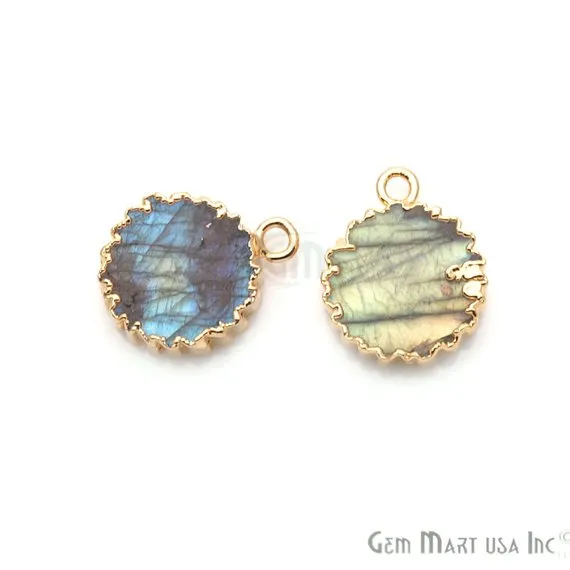 Labradorite 18x14mm Round Shape Single Bail Gold Plated Gemstone Connector Charm GemMartUSA Charm Necklaces