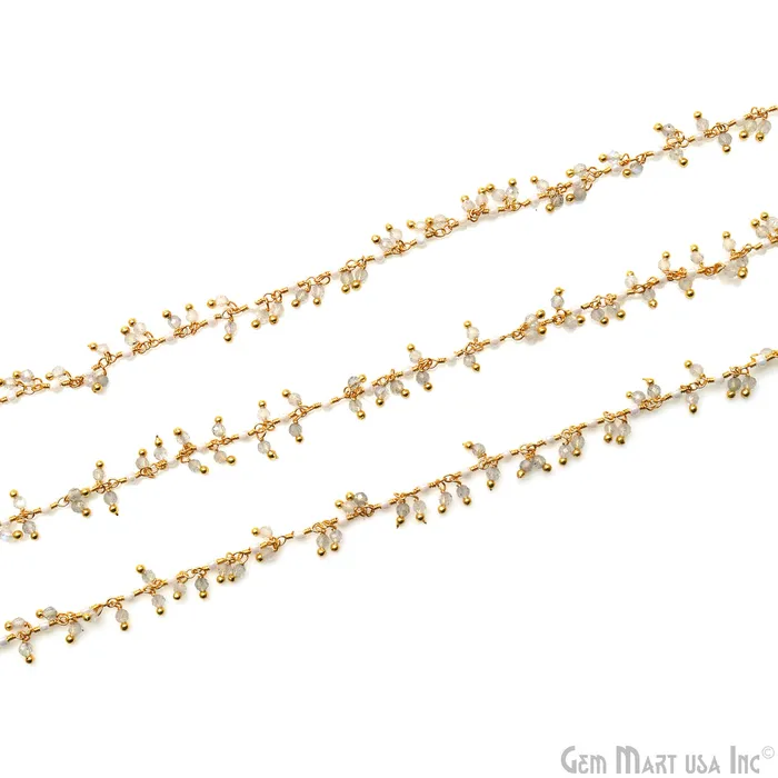 Labradorite Pearl Faceted Beads 225mm Gold Wire Wrapped Cluster Rosary Chain GemMartUSA Rings